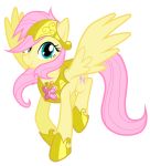  absurd_res armor better_version_at_source black_background cutie_mark equestria-prevails equid equine feathered_wings feathers female feral fluttershy_(mlp) friendship_is_magic fur hair hi_res long_hair looking_at_viewer mammal my_little_pony pink_hair pterippus simple_background smile solo wings yellow_body yellow_feathers 