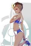  1girl blonde_hair brown_hair character_request copyright_request dark_skin highres iesupa multicolored_hair navel red_eyes shoes short_hair sneakers solo sports_bikini sports_bra sportswear track_and_field track_uniform two-tone_hair undercut 