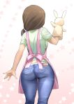  1girl absurdres apron arm_up ass brown_hair commentary_request denim from_behind hand_puppet highres idolmaster idolmaster_cinderella_girls jeans long_hair mitarashi_kousei mochida_arisa panties pants panty_peek pink_apron ponytail puppet shirt short_sleeves simple_background solo thighs tight tight_pants underwear white_background white_panties white_shirt 