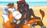  2019 anthro anthro_on_anthro anthro_penetrated anthro_penetrating anthro_penetrating_anthro balls beach bodily_fluids brown_hair canid canine cum cum_in_ass cum_inside day detailed_background digital_media_(artwork) felid feline fox fur genital_fluids gimka hair knot male male/male male_penetrated male_penetrating male_penetrating_male mammal orange_body orange_fur outside penetration penis sand seaside shoreline sky water 