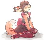  2019 anthro brown_hair clothed clothing crossdressing digital_media_(artwork) felid feline gimka hair kneeling lynx male mammal red_eyes simple_background solo white_background 