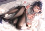  black_hair blue_eyes blush cropped dsmile flowers no_bra open_shirt original panties pantyhose shirt short_hair underwear 