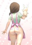  1girl apron arm_up ass bottomless brown_hair censored commentary_request from_behind hand_puppet idolmaster idolmaster_cinderella_girls long_hair mitarashi_kousei mochida_arisa mosaic_censoring pink_apron ponytail puppet pussy shirt short_sleeves simple_background solo thighs white_background white_shirt 