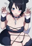 1girl animal_ears black_hair blue_eyes breasts cosplay costume large_breasts mashiro_(rikuya) monochrome_background navel open_mouth original short_hair siblings simple_background tail thighs tooth twins wolf_ears 