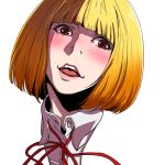  1girl bangs blonde_hair blunt_bangs blush brown_eyes commentary_request looking_at_viewer midorikawa_hana open_mouth prison_school short_hair simple_background smile solo white_background yazwo 
