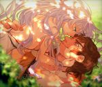  1boy 1girl artemis_(fate/grand_order) breasts brown_hair couple fate/grand_order fate_(series) girl_on_top highres large_breasts long_hair lying on_back on_grass orion_(super_archer)_(fate) smile thick_eyebrows white_hair 