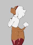  2019 accessory bottomless brown_body brown_eyes brown_skin butt canid canine canis clothed clothing collar domestic_dog faizenek fur girly glistening glistening_body glistening_clothing glistening_legwear glistening_skin hair hair_accessory hairband hi_res legwear looking_back male mammal poodle rear_view simple_background small_waist solo standing tail_tuft thigh_highs tuft white_background white_body white_fur white_hair 