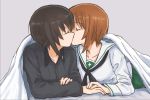  2girls arm_support black_ribbon brown_hair closed_eyes girls_und_panzer green_skirt grey_background holding_hands incest kiss kuromorimine_school_uniform multiple_girls mutsu_(layergreen) neck_ribbon nishizumi_maho nishizumi_miho ooarai_school_uniform ribbon sailor_collar school_uniform serafuku siblings skirt under_covers yuri 