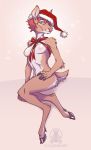  anthro bow breasts brown_body brown_fur cervid cloven_hooves digitigrade female freckles fur green_eyes hair hooves looking_at_viewer mammal mostly_nude nipples pink_nose ribbons rotarr short_hair sitting slim smile solo 