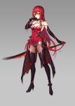  1girl ass_visible_through_thighs bare_shoulders black_footwear black_gloves black_panties bodysuit boots breasts choker cleavage crimson_avenger_(elsword) dress elbow_gloves elesis_(elsword) elsword full_body gloves grey_background hand_up high_heel_boots high_heels highres holding holding_sword holding_weapon leotard long_hair looking_at_viewer medium_breasts panties red_dress red_eyes red_hair sidelocks signature simple_background solo standing swd3e2 sword thigh_boots thighhighs underwear very_long_hair weapon 
