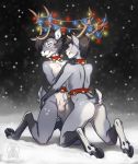  animal_genitalia anthro anthro_on_anthro balls bell belt blue_eyes butt butt_grab capreoline cervid christmas_lights cloven_hooves collar digitigrade duo embrace fur girly grey_body grey_fur hair hand_on_butt hooves incest kneeling male male/male mammal mostly_nude nude outside reindeer rotarr sheath short_hair sibling smile snow twins 
