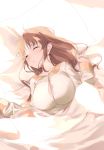  1girl bangs bed_sheet blush breasts brown_hair bursting_breasts cleavage closed_eyes collarbone highres large_breasts long_hair long_sleeves parted_lips pillow princess_connect! princess_connect!_re:dive shirt sleeping solo white_shirt yaman 