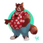  aloha_shirt anthro belly big_belly brown_body brown_fur butt claws clothed clothing fur hi_res male mammal moobs obese obese_male open_mouth open_smile overweight overweight_male procyonid raccoon ringtail smile solo standing teeth thick_thighs toonraccoon whiskers 