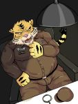  2011 anthro bottomwear bulge clothing felid humanoid_hands luluangel male mammal overweight overweight_male pantherine pants pink_nose shirt sitting solo tiger topwear 