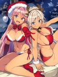  2girls :d animal_ears antlers ass bare_legs bell bikini blue_eyes breasts brown_eyes choker christmas cleavage commentary_request dark_elf dark_skin elbow_gloves elf fake_animal_ears fang gloves hair_between_eyes hairband hat high_heels indoors jpeg_artifacts large_breasts light_brown_hair long_hair looking_at_viewer melonbooks merry_christmas multiple_girls nail_polish ootomo_takuji open_mouth outstretched_hand pink_hair pointy_ears red_bikini red_gloves reindeer_antlers santa_hat side-tie_bikini sideboob sitting smile swimsuit very_long_hair yokozuwari 