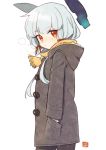  1girl ark_kan black_legwear commentary_request cowboy_shot grey_coat hair_ribbon hands_in_pockets headgear hooded_coat kantai_collection long_hair looking_at_viewer murakumo_(kantai_collection) orange_eyes orange_scarf pantyhose ribbon scarf short_eyebrows sidelocks silver_hair simple_background solo standing tress_ribbon white_background 