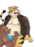  2011 anthro belly blush bulge canid canine canis clothed clothing duo felid luluangel male male/male mammal moobs nipples open_shirt overweight overweight_male pantherine pink_nose shirt simple_background sitting tiger topwear underwear white_background wolf 