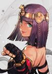  1girl alternate_costume bangs bare_shoulders blunt_bangs circlet clenched_hand dark_skin detached_sleeves fist_bump green_eyes hand_wraps hankuri lips looking_at_viewer medium_hair menat nose purple_hair red_sleeves single_detached_sleeve solo street_fighter street_fighter_v 