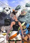  1girl absurdres bodysuit cracking_knuckles crossed_arms dark_skin from_behind gen_1_pokemon gen_2_pokemon gen_6_pokemon gen_8_pokemon gloves grey_eyes grey_hair hairband highres hitmontop looking_back machamp pangoro pokemon pokemon_(game) pokemon_swsh saitou_(pokemon) shorts single_glove sirfetch&#039;d yayoi_fmfm 