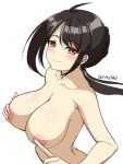  ara_haan blush breasts cleavage collarbone covering covering_breasts elsword eyebrows_visible_through_hair grin nipples nude smile veca yama_raja_(elsword) 