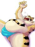  2011 anthro belly bulge clothing eyes_closed felid humanoid_hands luluangel male mammal moobs navel nipples overweight overweight_male pantherine simple_background sleeping solo sound_effects tiger underwear white_background zzz 