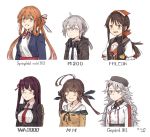  6+girls ahoge bandana bangs black_headwear blush breasts brown_hair closed_mouth dated eyebrows_visible_through_hair gepard_m1_(girls_frontline) girls_frontline hair_between_eyes hair_ribbon hat headphones headphones_around_neck jacket kawashina_(momen_silicon) long_hair long_sleeves m14_(girls_frontline) m1903_springfield_(girls_frontline) m200_(girls_frontline) messy_hair multiple_girls neck_ribbon necktie one_side_up open_mouth orange_hair purple_eyes ribbon short_sleeves signature silver_hair simple_background smile twintails upper_body wa2000_(girls_frontline) white_background zvi_falcon_(girls_frontline) 
