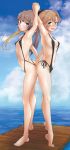  2girls akigumo_(kantai_collection) back-to-back black_swimsuit blue_eyes blue_sky breasts brown_hair casual_one-piece_swimsuit cloud commentary_request day dock flat_chest green_eyes hair_ribbon highres horizon kantai_collection kazagumo_(kantai_collection) long_hair looking_at_viewer mole mole_under_eye multiple_girls namiki_kojiro one-piece_swimsuit one-piece_thong outdoors pier ponytail ribbon side-tie_swimsuit sky slingshot_swimsuit small_breasts swimsuit thong_swimsuit tiptoes water 