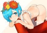  1girl absurdres armchair ass blue_eyes blue_hair blush breasts chair closed_mouth commentary_request eyebrows_visible_through_hair eyes_visible_through_hair flower frills hair_flower hair_ornament highres kneeling leaning_forward majorf panties re:zero_kara_hajimeru_isekai_seikatsu rem_(re:zero) short_hair sideboob skindentation solo thighhighs thong underwear white_legwear white_panties 