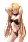  1girl absurdres alternate_costume alternate_hairstyle armpits arms_behind_head arms_up bangs bare_shoulders bikini blonde_hair blush breasts chirang cleavage closed_mouth collarbone commentary_request detached_collar ereshkigal_(fate/grand_order) fate/grand_order fate_(series) hair_down highleg highleg_bikini highres long_hair looking_at_viewer medium_breasts multi-strapped_bikini navel parted_bangs red_eyes simple_background skull solo swimsuit thighs very_long_hair white_background 