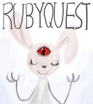  3_eyes anthro big_ears blood bodily_fluids cheetoo clothing crying_blood dress english_text eyes_closed female fur hi_res lagomorph leporid looking_at_viewer mammal multi_eye rabbit raised_arm red_eyes ruby_(rq) ruby_quest simple_background smile solo standing text white_background white_body white_fur 