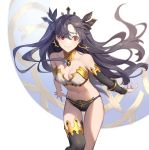  1girl absurdres armlet asymmetrical_legwear asymmetrical_sleeves bangs bare_shoulders black_bikini_bottom black_bow black_hair blush bow breasts cleavage closed_mouth collarbone detached_collar detached_sleeves earrings fate/grand_order fate_(series) hair_bow heavenly_boat_maanna highres hoop_earrings ishtar_(fate)_(all) ishtar_(fate/grand_order) jewelry long_hair looking_to_the_side medium_breasts navel neck_ring parted_bangs red_eyes single_detached_sleeve single_thighhigh smile solo teffish thighhighs thighs tiara two_side_up weapon 