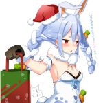  animal_ears armpits blue_hair blush braid breasts bunny_ears cleavage commentary_request gloves hair_between_eyes hat highres hololive long_hair looking_away multicolored_hair red_eyes santa_hat scarf simple_background sleeveless thick_eyebrows twin_braids usada_pekora virtual_youtuber white_background zaxwu 