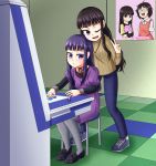  ann_momitsu arcade_cabinet coke-bottle_glasses commentary_request controller creator_connection glasses high_score_girl highres himeji_wakaba joystick one_eye_closed oono_akira oono_makoto po-chan poster_(object) pupipo! siblings sisters translation_request 
