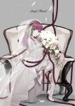  1girl angel_beats! bangs blush bouquet bow breasts chair cleavage copyright_name dress feathers flower green_eyes grey_legwear hair_bow hairband high_heels holding holding_bouquet long_hair medium_breasts nello_(luminous_darkness) pantyhose parted_lips purple_hair simple_background sitting solo veil wedding_dress white_dress white_flower white_footwear yuri_(angel_beats!) 