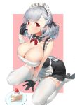  1girl absurdres alternate_costume bare_shoulders black_gloves breasts cake cleavage commentary_request enmaided food fruit girls_frontline gloves highres huge_breasts long_hair looking_at_viewer maid parted_lips red_eyes silver_hair skindentation skirt solo spas-12_(girls_frontline) strawberry thighhighs thighs uleuleuleu white_legwear 