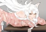  1girl animal_ears animal_print bangs bare_shoulders bent_over black_hanekawa breasts cat_ears cat_print cleavage eyebrows_visible_through_hair fang floating_hair grey_background hanekawa_tsubasa large_breasts long_hair long_sleeves monogatari_(series) nekomonogatari nello_(luminous_darkness) open_clothes open_mouth open_pajamas pajamas pink_pajamas simple_background skin_fang solo white_hair yellow_eyes 