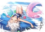  1girl animal_ears ball beachball hose innertube kazana_(sakuto) knees_up looking_at_viewer lying on_back one-piece_swimsuit original partially_submerged saku_(kazana) school_swimsuit solo summer swimsuit tan wading_pool water white_hair wolf_ears wolf_girl yellow_eyes 