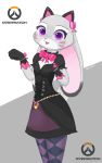  2018 anthro blizzard_entertainment bow_ribbon clothed clothing cosplay crossover crossover_cosplay d.va_(overwatch) disney female fully_clothed fur grey_body grey_fur hi_res judy_hopps lagomorph leporid mammal open_mouth open_smile overwatch purple_eyes rabbit simple_background smile solo swetpot video_games zootopia 