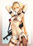  1girl apron arm_garter armpits arms_behind_head arms_up ass_visible_through_thighs assault_rifle bangs bikini black_ribbon blonde_hair border breasts chaciooh cowboy_shot eyebrows_visible_through_hair frilled_apron frilled_bikini frills girls_frontline gradient gradient_background gun highres jewelry long_hair maid_headdress mouth_hold multicolored multicolored_bikini multicolored_clothes navel necklace orange_eyes ots-14 ots-14_(girls_frontline) outside_border pink_border ribbon rifle side-tie_bikini small_breasts solo star star_necklace stomach swimsuit thigh_strap tying_hair underboob very_long_hair waist_apron weapon white_apron white_background 