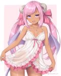  1girl bare_arms bare_shoulders bow breasts chemise collarbone cowboy_shot dark_skin demon_girl demon_horns demon_tail demon_wings hair_bow horns jewelry long_hair looking_at_viewer necklace open_mouth original panties pink_bow pink_hair purple_eyes sasaame see-through sidelocks small_breasts smile smug solo spaghetti_strap tail twintails twitter_username two-tone_background underwear white_panties wings 