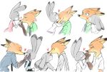  &lt;3 anthro anthro_on_anthro canid canine clothed clothing dipstick_ears disney duo fox inner_ear_fluff judy_hopps kissing lagomorph leporid mammal mitsuharu multicolored_ears multiple_positions necktie nick_wilde rabbit red_fox shirt simple_background topwear tuft white_background zootopia 