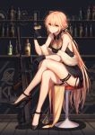  &gt;:) 1girl absurdres ahoge baek_hyang bangs bar bar_stool bare_arms bare_legs bare_shoulders black_dress black_footwear black_gloves black_ribbon breasts character_name cleavage closed_mouth crossed_legs cup dress drinking_glass eyebrows_visible_through_hair full_body garter_straps girls_frontline gloves hair_ribbon high_heels highres holding holding_cup indoors long_hair medium_breasts orange_hair ots-14 ots-14_(girls_frontline) ribbon shawl sitting sleeveless sleeveless_dress smug solo stool thigh_strap very_long_hair yellow_eyes 