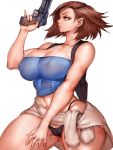  1girl bare_shoulders black_panties breasts brown_hair cameltoe clothes_around_waist commentary_request covered_nipples curvy fumio_(rsqkr) gun handgun highres jill_valentine large_breasts long_hair navel panties pistol resident_evil resident_evil_3 short_hair simple_background skirt solo sweater_around_waist thick_thighs thighs toned underwear weapon white_background wide_hips 