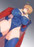 1girl absurdres artoria_pendragon_(all) artoria_pendragon_(lancer) bangs blonde_hair blue_gloves blue_legwear blue_leotard braid breasts cape covered_navel elbow_gloves fate/grand_order fate_(series) french_braid from_below gloves green_eyes hair_between_eyes highres large_breasts leotard mimyo red_cape sidelocks solo swept_bangs thighhighs 