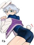  1boy 88362 animal_ears aqua_eyes ass bike_shorts blush bunny_ears bunny_tail bunnyboy doraemon from_behind highres interlocked_fingers jacket letterman_jacket light_blue_hair looking_back luca_(doraemon) short_shorts shorts simple_background smile solo tail white_legwear 