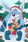  2019 ambiguous_gender blue_body blue_eyes blue_fur christmas christmas_present clothing eeveelution feral fuf fur glaceon hat headgear headwear holidays looking_at_viewer nintendo one_eye_closed outside pinecone pok&eacute;mon pok&eacute;mon_(species) santa_hat scarf snow tongue tongue_out video_games wink 