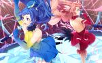  2girls arm_up backless_dress backless_outfit blue_eyes blue_hair concert dress elbow_gloves feathers gloves glowstick hat high_heels highres idol kazanari_tsubasa long_hair maria_cadenzavna_eve microphone mokutan_mmmm multiple_girls music pink_hair senki_zesshou_symphogear side_ponytail singing 