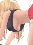  1girl ahoge all_fours bare_shoulders blonde_hair bouncing_breasts breasts commentary_request crop_top dark_skin dumbbell_nan_kilo_moteru? from_side hanging_breasts highres large_breasts long_hair motion_lines navel red_shorts sakura_hibiki short_shorts shorts simple_background sleeveless solo twintails underboob urigarasu white_background 
