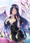  1girl :d aa_megami-sama ahoge angel_wings bare_shoulders black_bow black_dress black_hair blue_hair blush bow breasts butter-t cherry_blossoms cleavage collarbone commentary_request day dress earrings facial_mark feathered_wings forehead_mark gradient_hair jewelry large_breasts long_hair multicolored_hair necklace open_mouth outdoors pendant petals sitting skuld sleeveless sleeveless_dress smile solo spring_(season) straight_hair twitter_username very_long_hair white_wings wings yellow_eyes 
