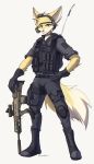  2019 anthro armor body_armor boots bottomwear canid canine clothing fennec footwear fox fur gloves gun hand_on_hip handwear headgear headphones headset hunglee looking_at_viewer male mammal pants ranged_weapon rifle simple_background solo standing tan_body tan_fur weapon white_background yellow_eyes 